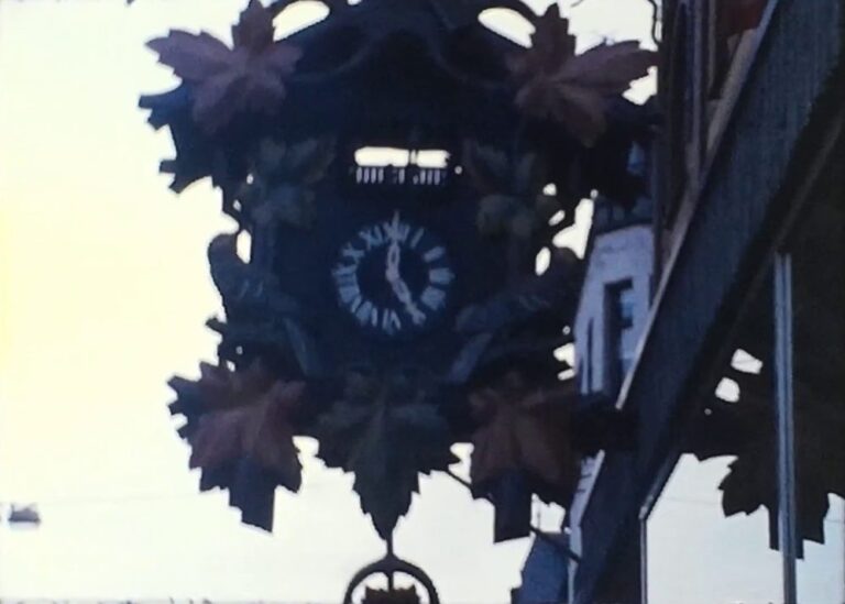 A still image from a vintage home movie showing a family taking a cruise on the Rhine in about 1975