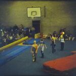 A still image from a Vintage Home Movie shot at a gymnastics display on Super 8 film.