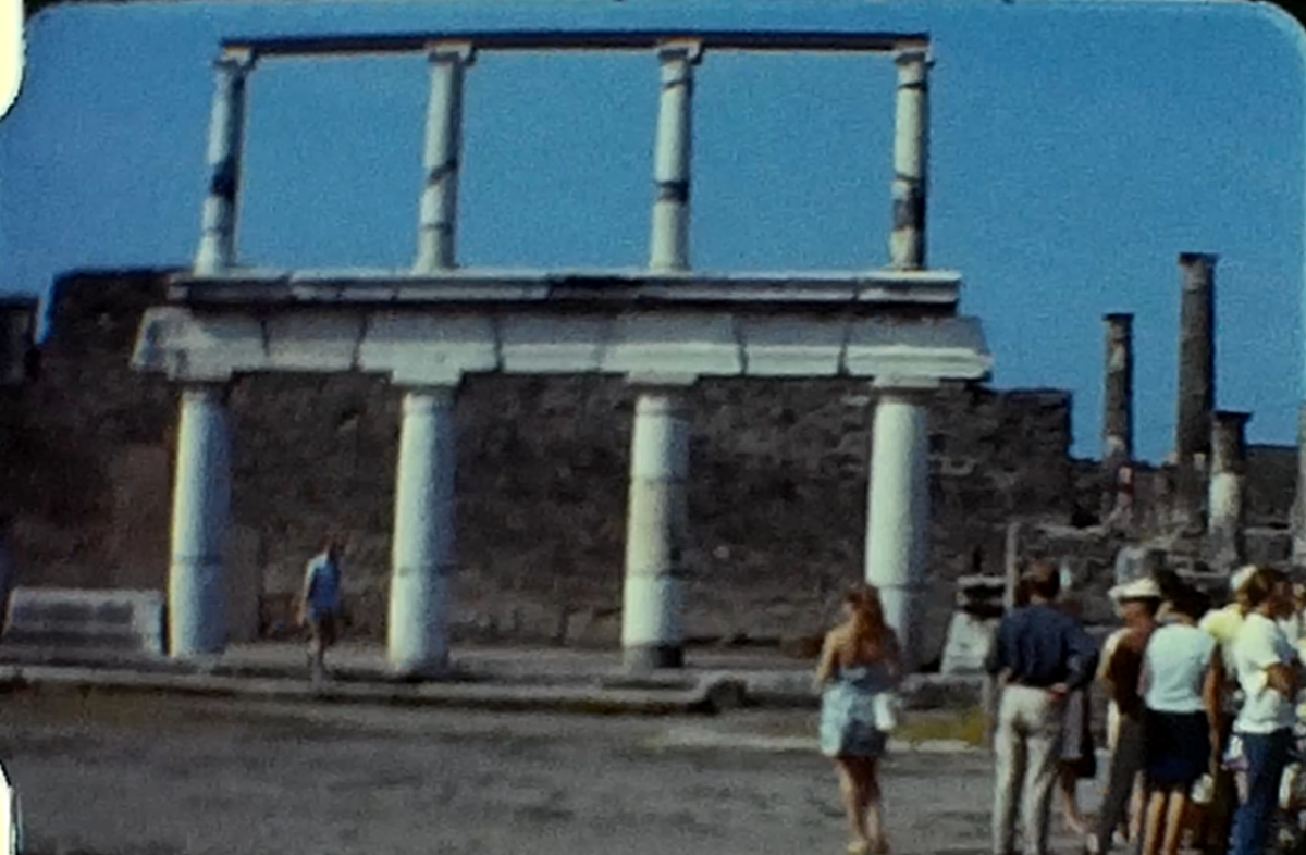 A still image from a vintage home movie taken at ruins in Italy believed to be Pompeii