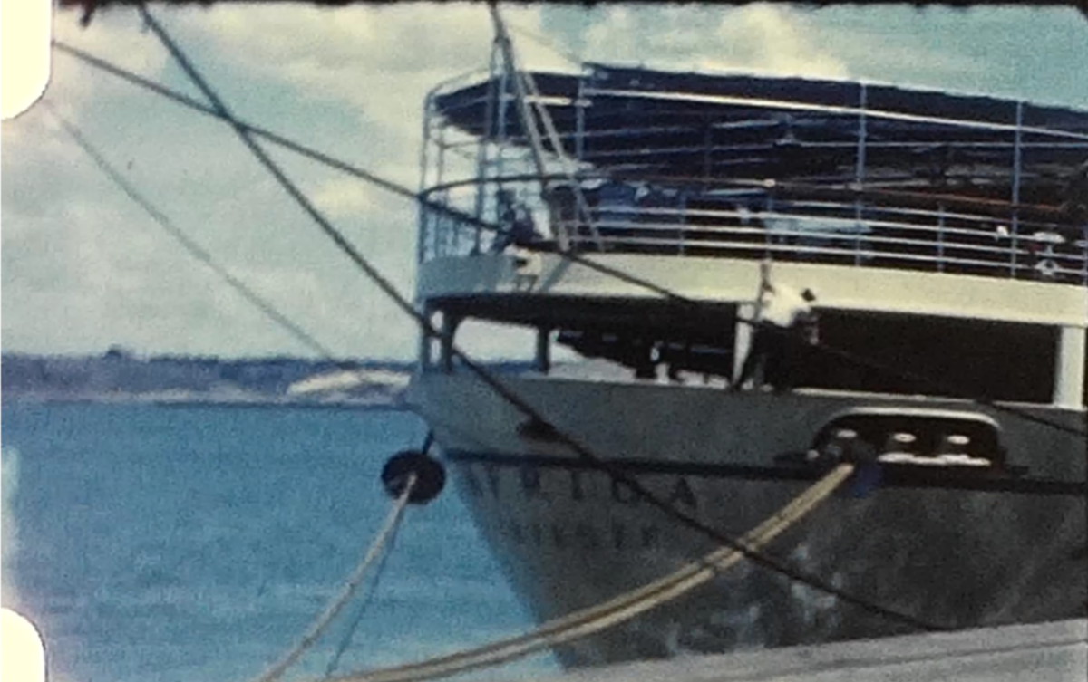 A picture of the stern of the Lloyd Triestino Africa from a vintage home movie of about 1960