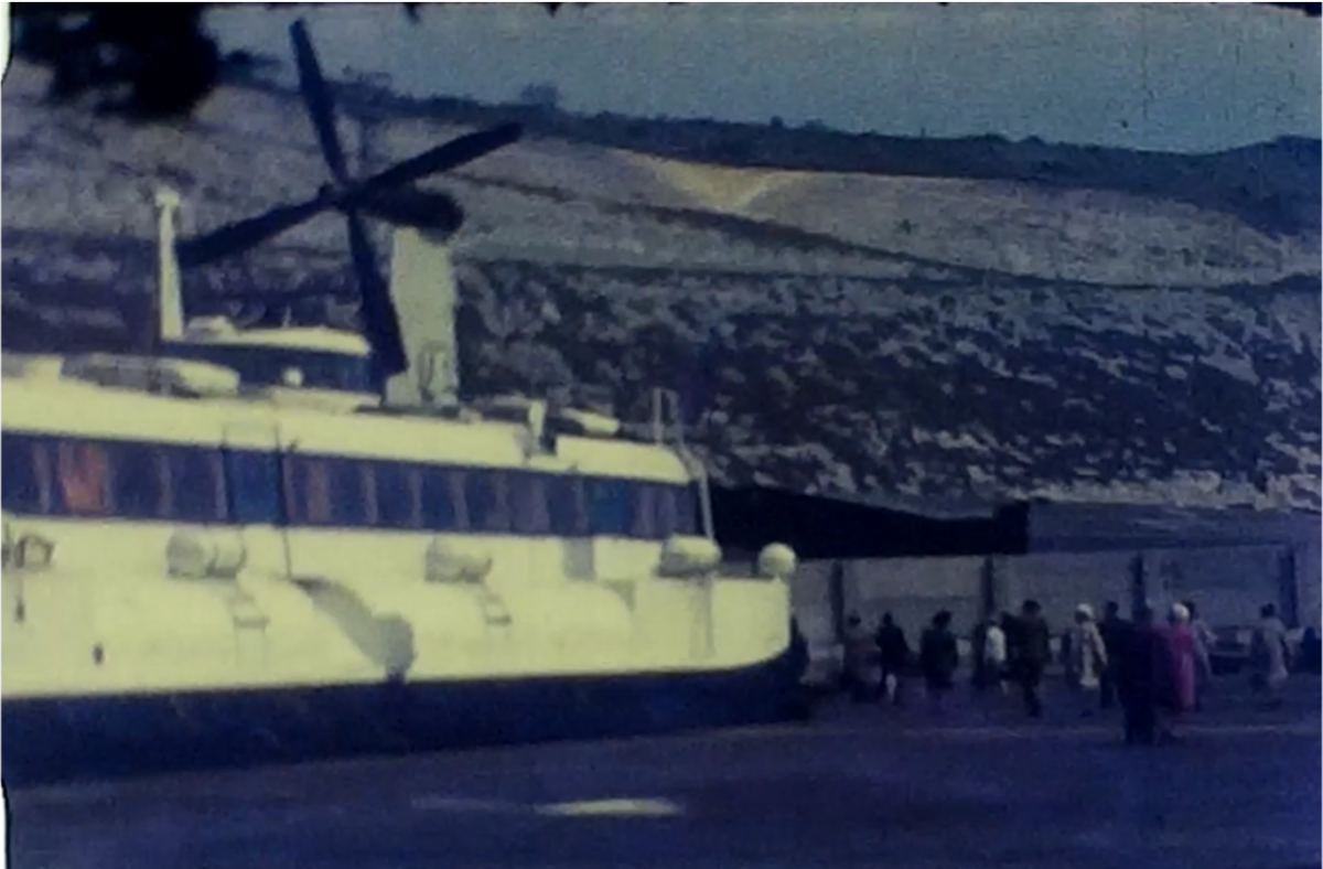 A still from a vintage home movie showing a hovercraft trip to france in 1973