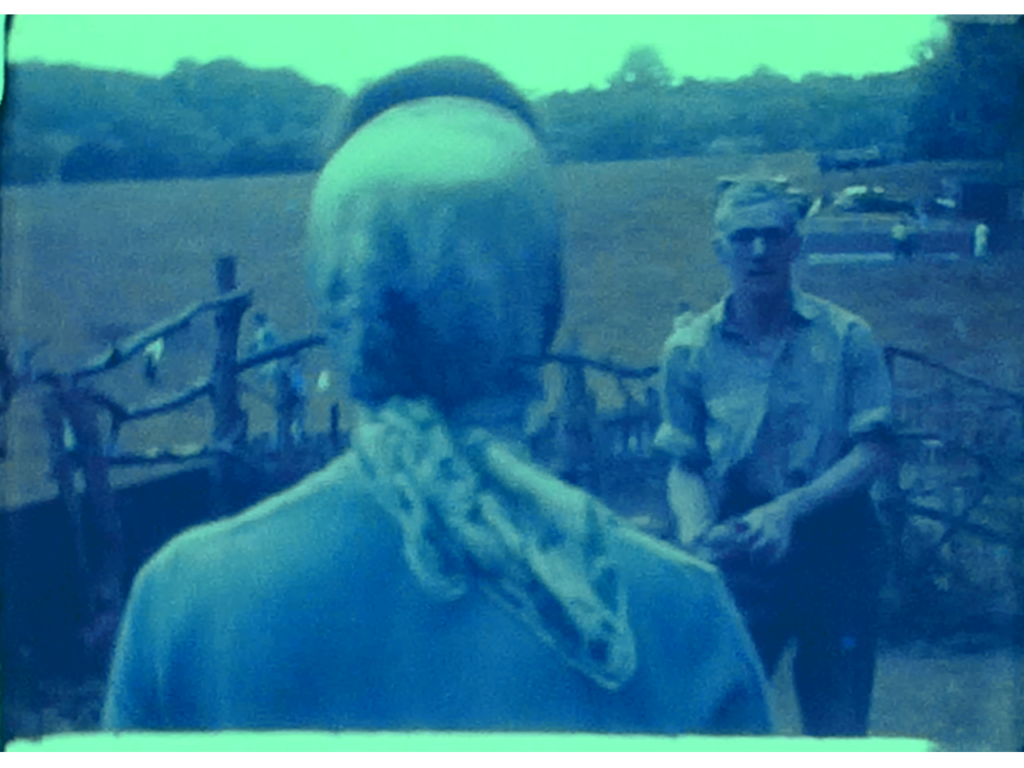 A still image from a vintage home movie which shows a couple playing a game of catch in the garden