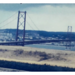A photo of the 25 de Abril Bridge in Lisbon, Portugal from 1968