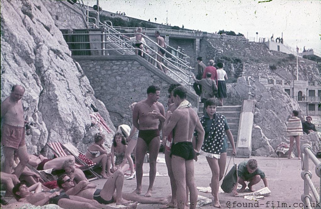 Bathers at a seaside in the late 1950s