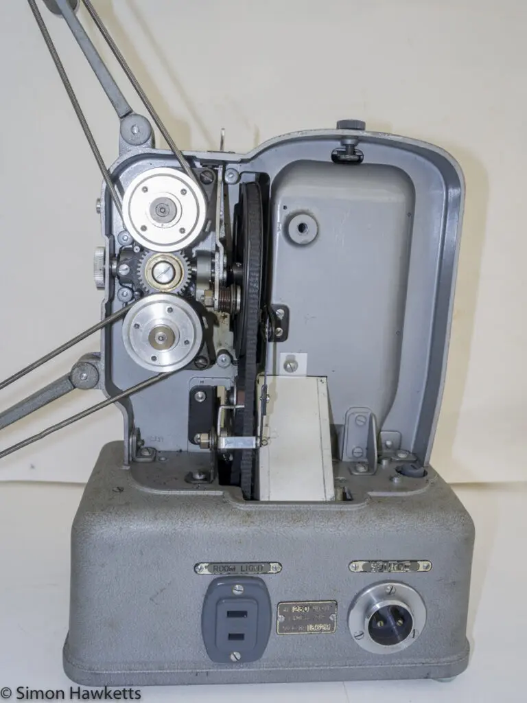 Elmo E-80 8mm projector - Side cover removed showing film drive