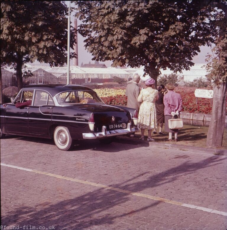 Group and their car stopped by tulip fields in Holland