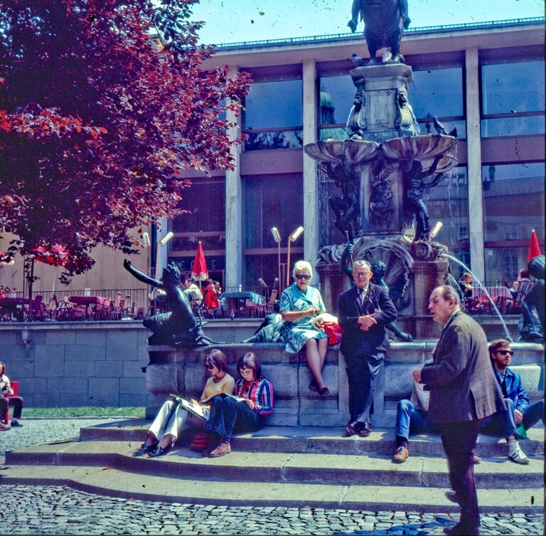 People gathered around a fountain