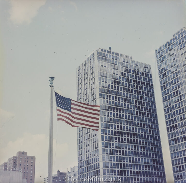 Skyscrapers and the American flag