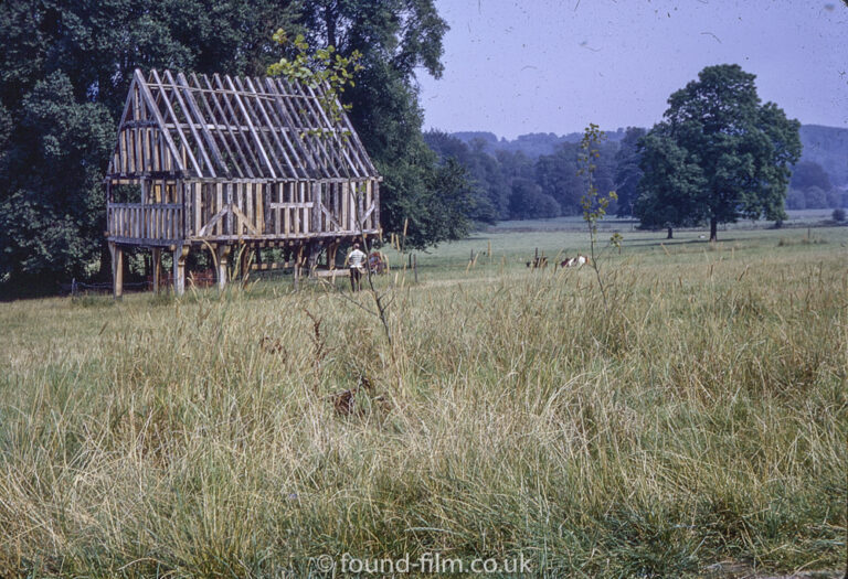 Wooden cottage beams at Weald & Downland Museum, Sussex, September 1972