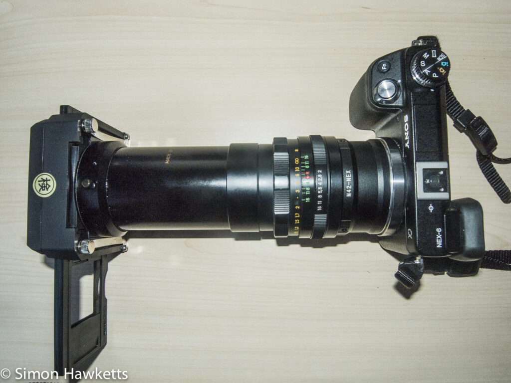 Slide duplicator for 35mm slides fitted to a Sony Nex 6 and Helios 44