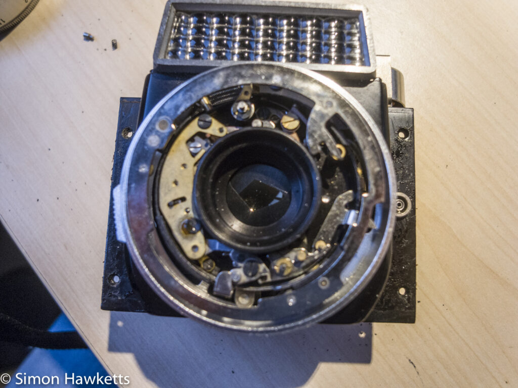 copal-X shutter attempted repair - shutter mechanism revealed