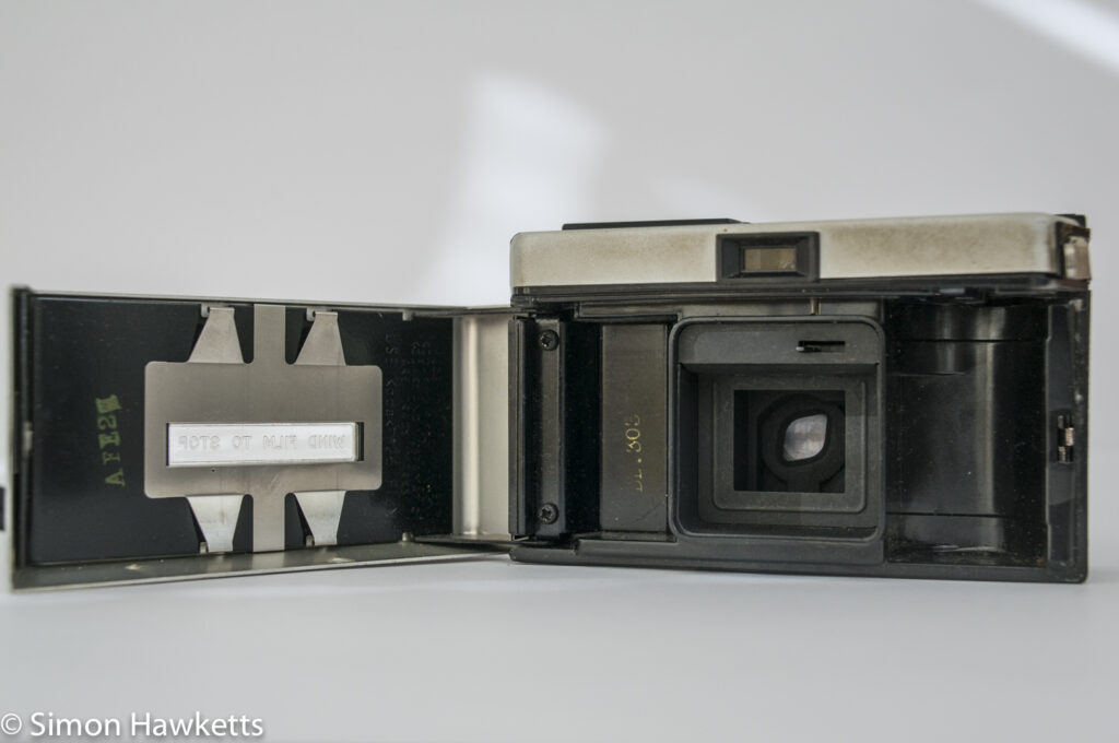 Kodak Instamatic 300 126 film camera showing film cartridge chamber