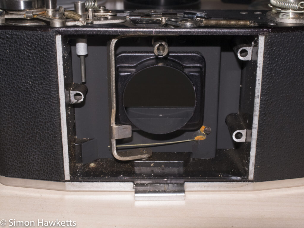 Agfa Ambi Silette shutter repair - camera body with lens unit removed from front of camera