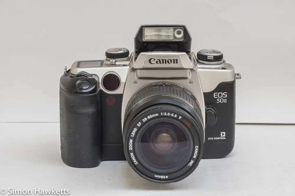 Canon EOS 50e 35mm autofocus camera - front of camera with flash up