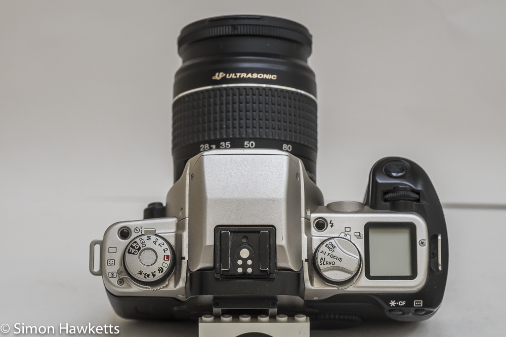 Canon EOS 50e 35mm autofocus camera - top of camera showing control layout