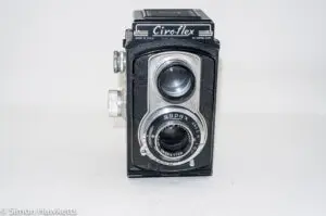 Ciro-Flex medium format twin lens reflex camera - Front view with viewfinder folded down