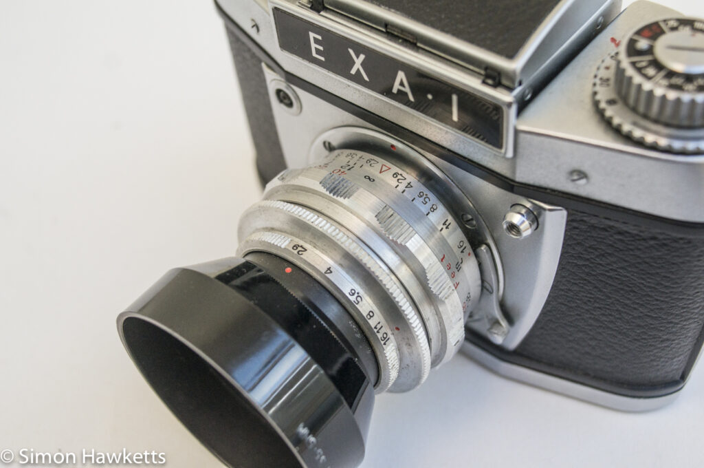 Exakta EXA 1 35mm SLR showing the pre-set aperture and focus