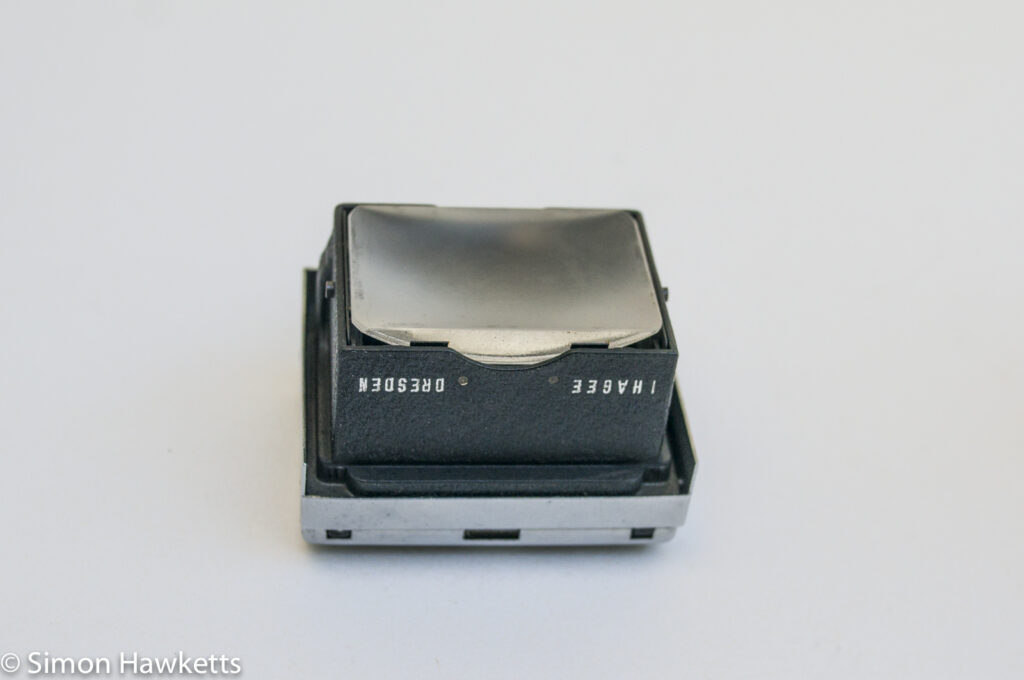 Exakta EXA 1 35mm SLR showing the waist level finder in detail