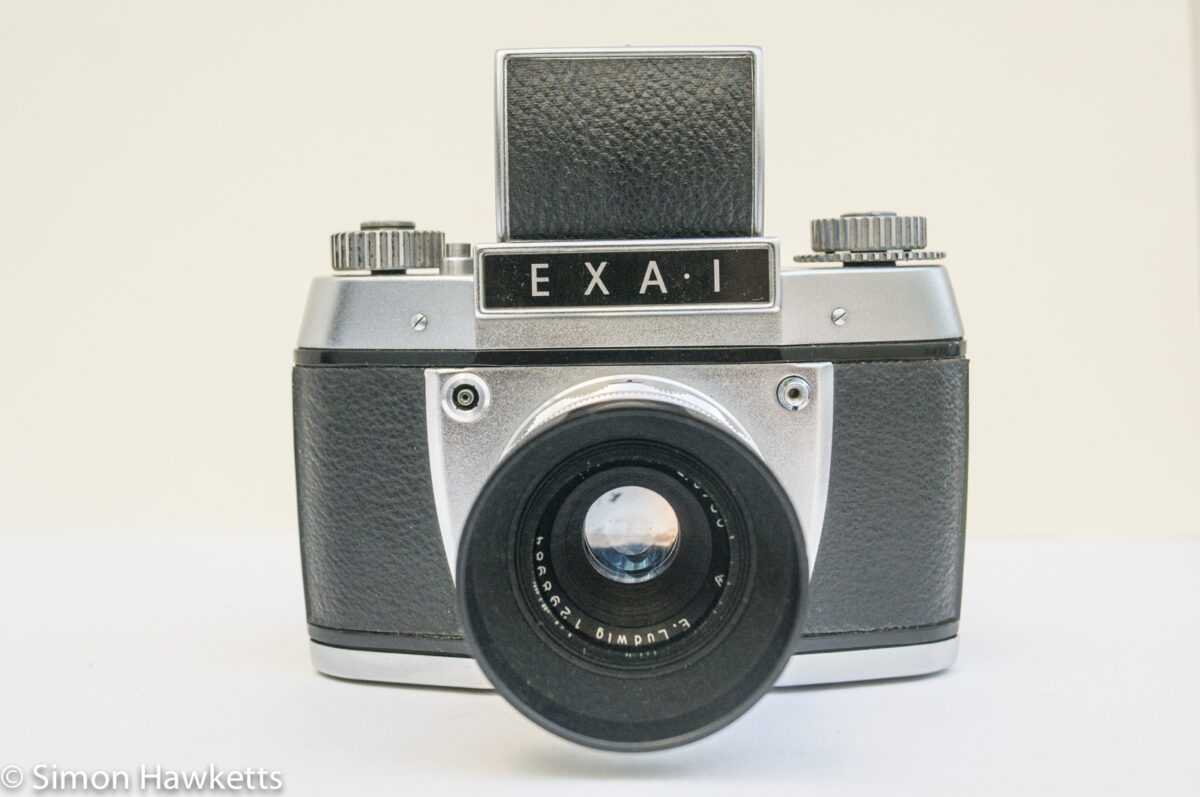 Exakta EXA 1 35mm SLR showing waist finder open from the front