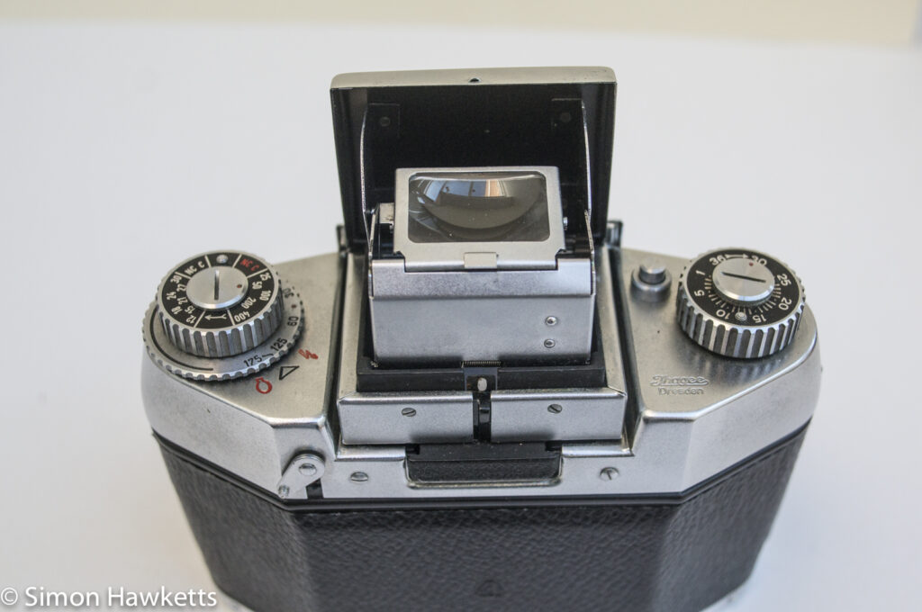 Exakta EXA 1 35mm SLR showing waist level finder open