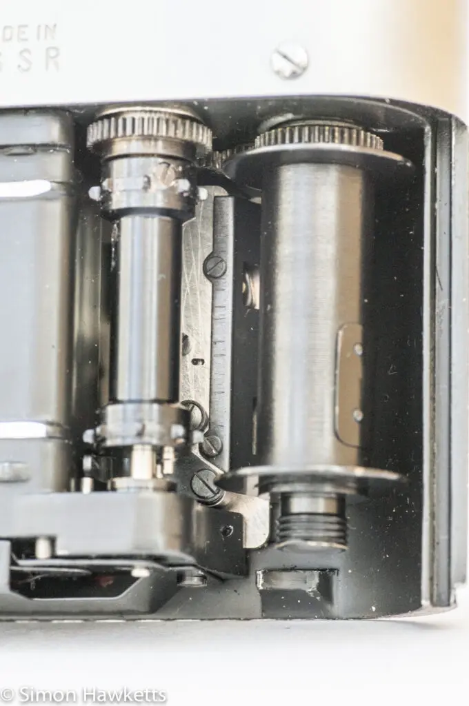 Fed 4 35mm rangefinder film camera showing film advance sprockets and take up spool