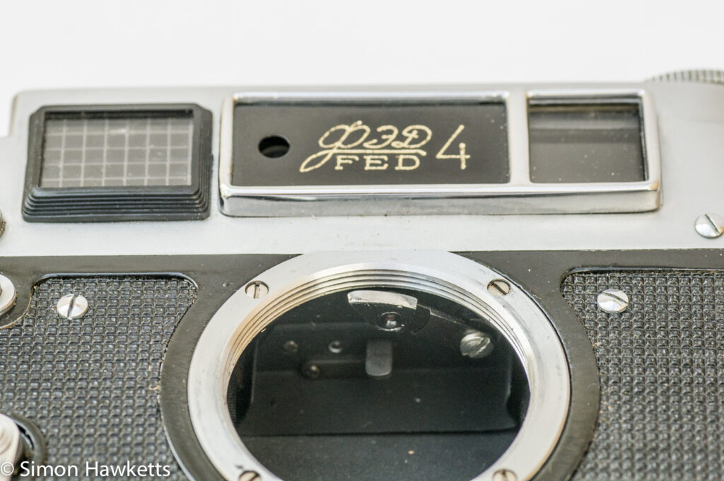 Fed 4 35mm rangefinder film camera showing rangefinder actuation lever
