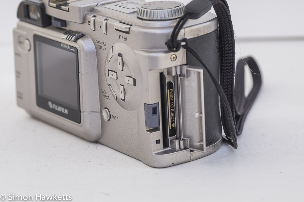 Fuji MX-2900 compact camera - data card door open showing smartmedia slot