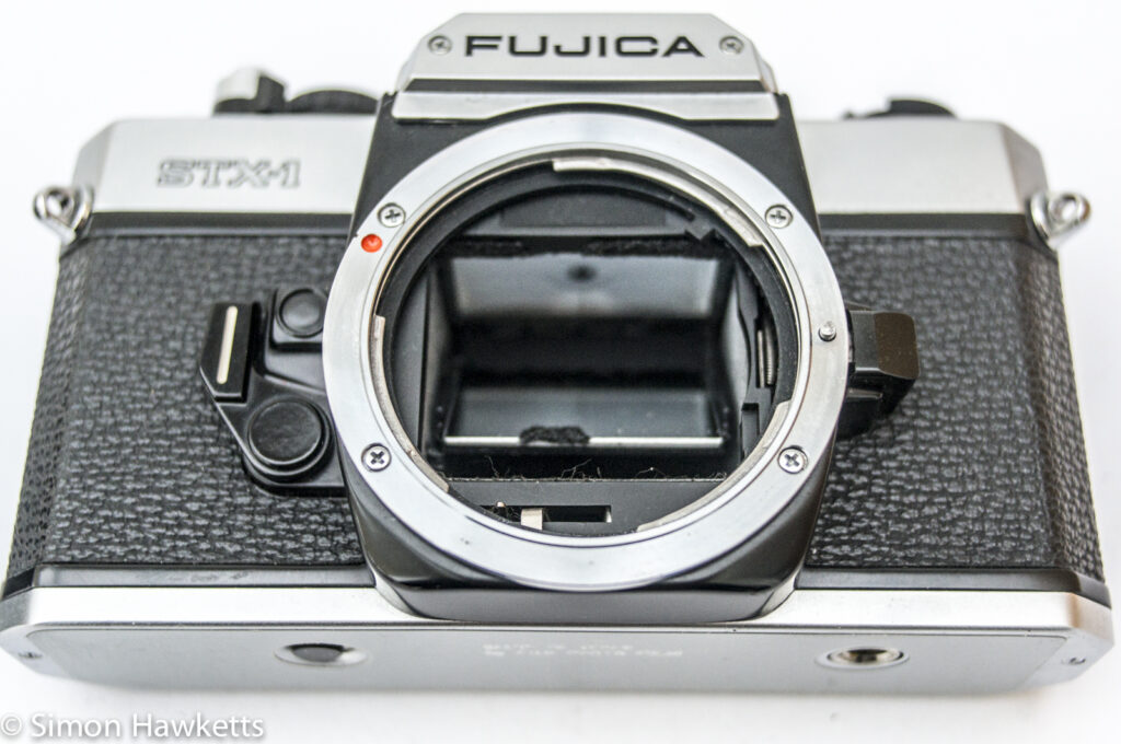 fuji stx 1 35mm slr without lens showing x mount