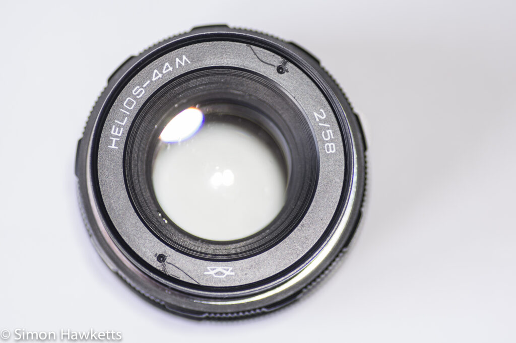 Helios 44M focus thread cleanup -  lens name plate