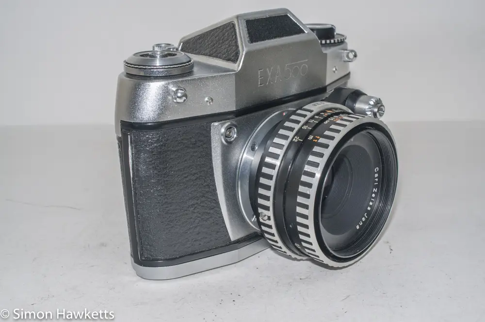 Exakta Exa 500 35mm film camera - side view showing flash sync