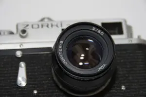 jupiter 8 lens attached to a zorki 4 35mm rangefinder camera
