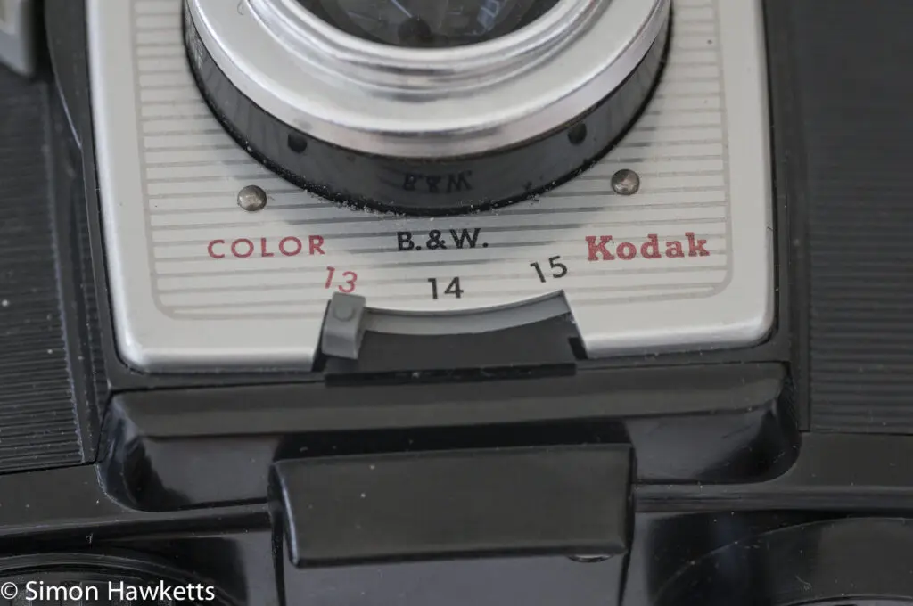 Kodak Brownie Twin 20 roll film camera showing EV adjustment lever