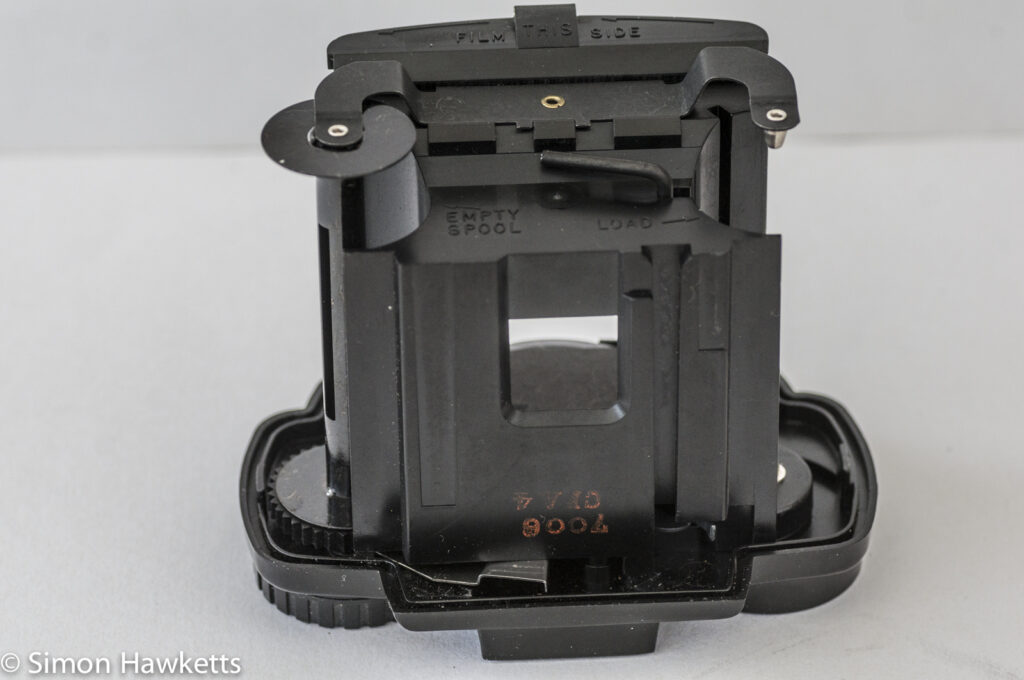 Kodak Brownie Twin 20 roll film camera showing the film transportation unit