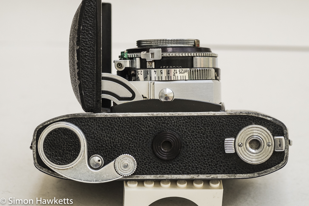 Kodak Retina IIc camera - bottom of camera showing film advance and door lock