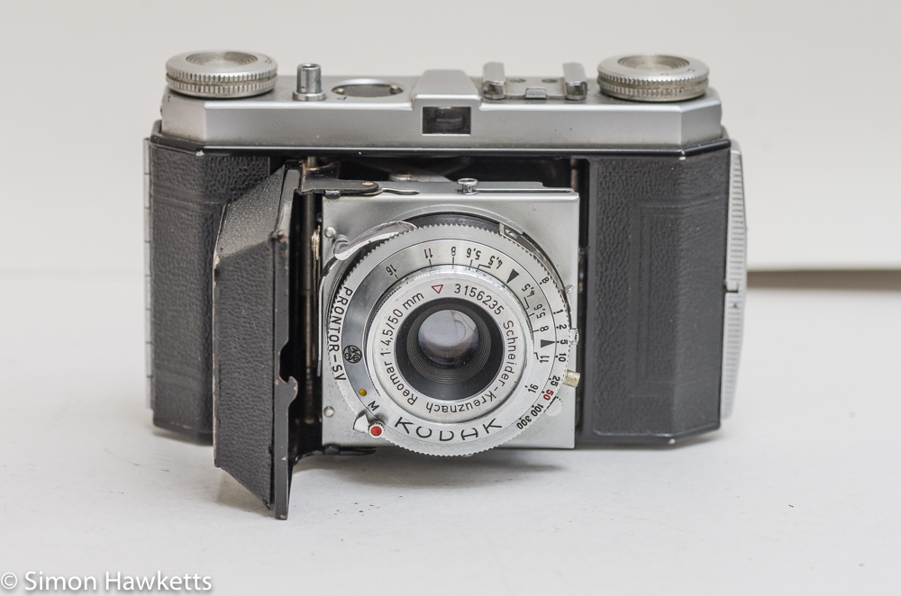 Kodak Retinette Type 017 35mm folding camera - front view with lens released