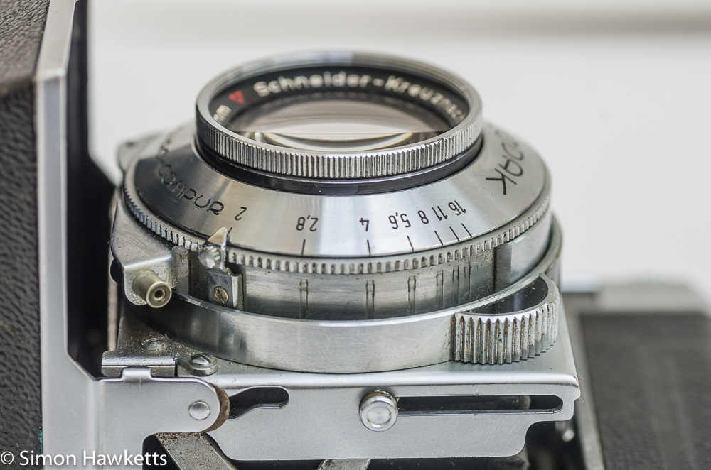Kodak Retina IIa 35mm rangefinder camera showing the aperture scale on the lens