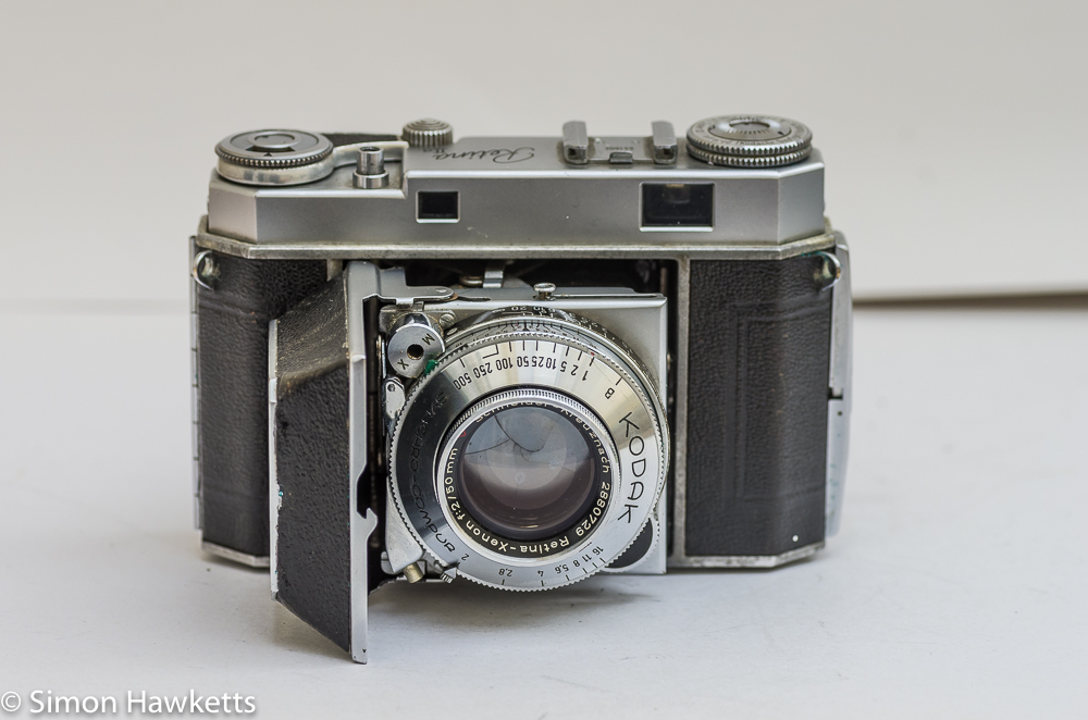 Kodak Retina IIa 35mm rangefinder camera front view with the lens cover open