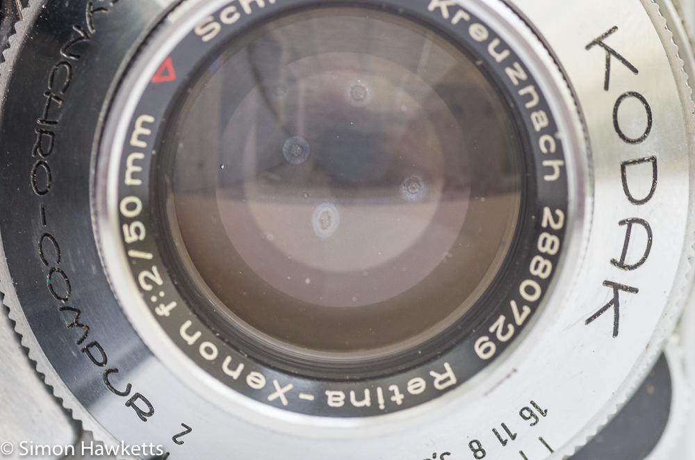 Kodak Retina IIa 35mm rangefinder camera showing a detail picture of the lens and possible mold growth