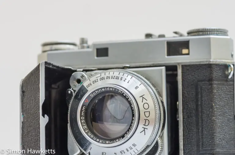 Kodak Retina IIa 35mm rangefinder camera front view with the lens exposed