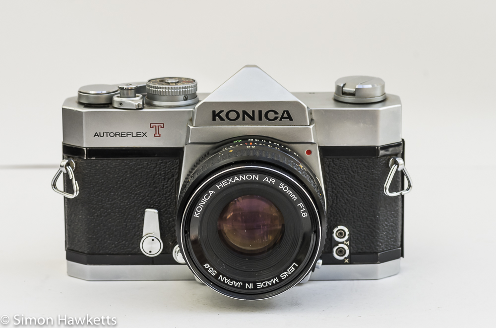 Konica Autoreflex T2 35mm slr front view with Hexanon lens fitted