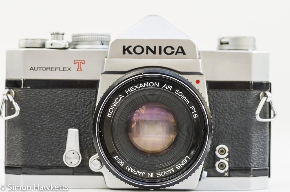 Konica Autoreflex T2 35mm slr front view with lens fitted