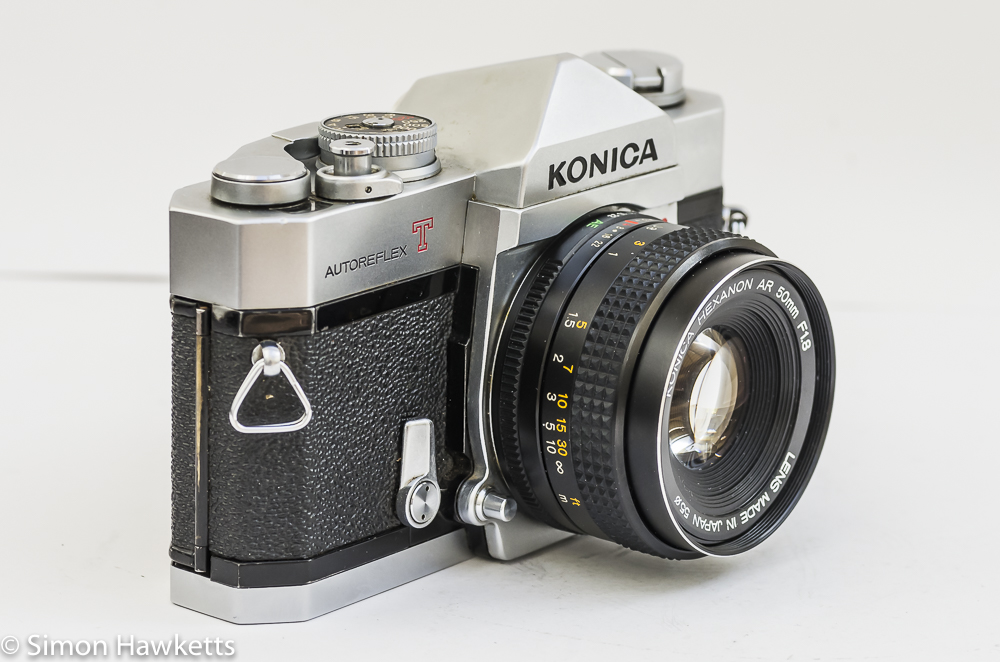 Konica Autoreflex T2 35mm slr side view showing DOF preview and self timer
