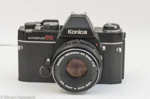 Konica Autoreflex TC front view with Hexanon AR 50mm f/1.8 lens fitted
