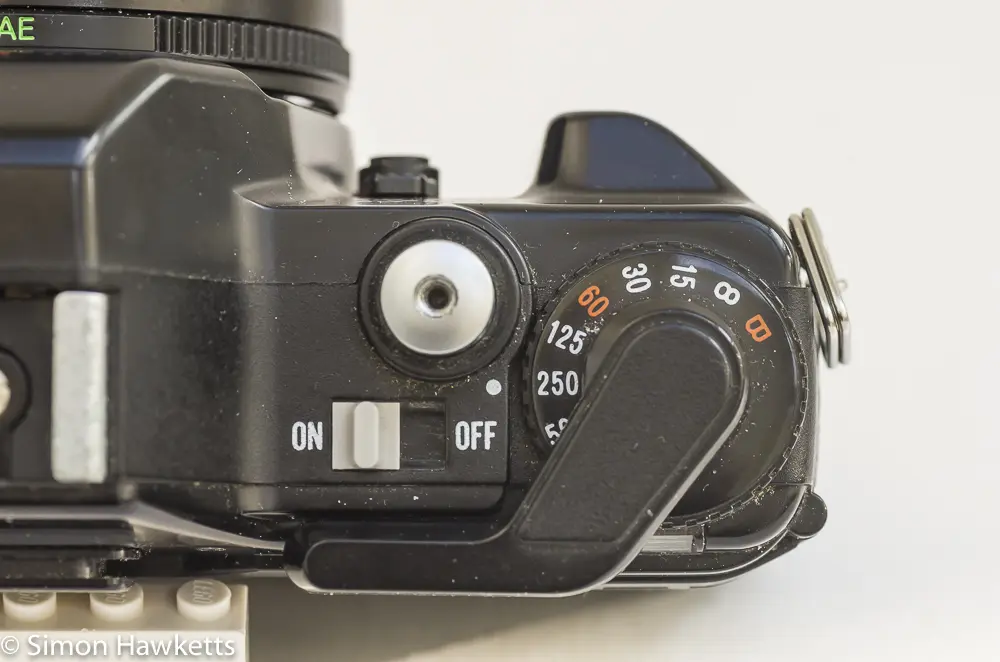 Konica TC-X shutter speed, on/off switch and shutter release detail picture