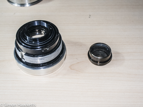 Kowa SE lens & aperture repair - lens assembly with rear lens element removed