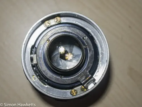 Kowa SE lens & aperture repair - rear view of lens with aperture actuator plate