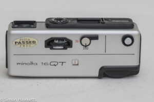 Minolta 16 QT 16mm still camera - top of camera showing aperture, shutter speed, shutter release and frame counter