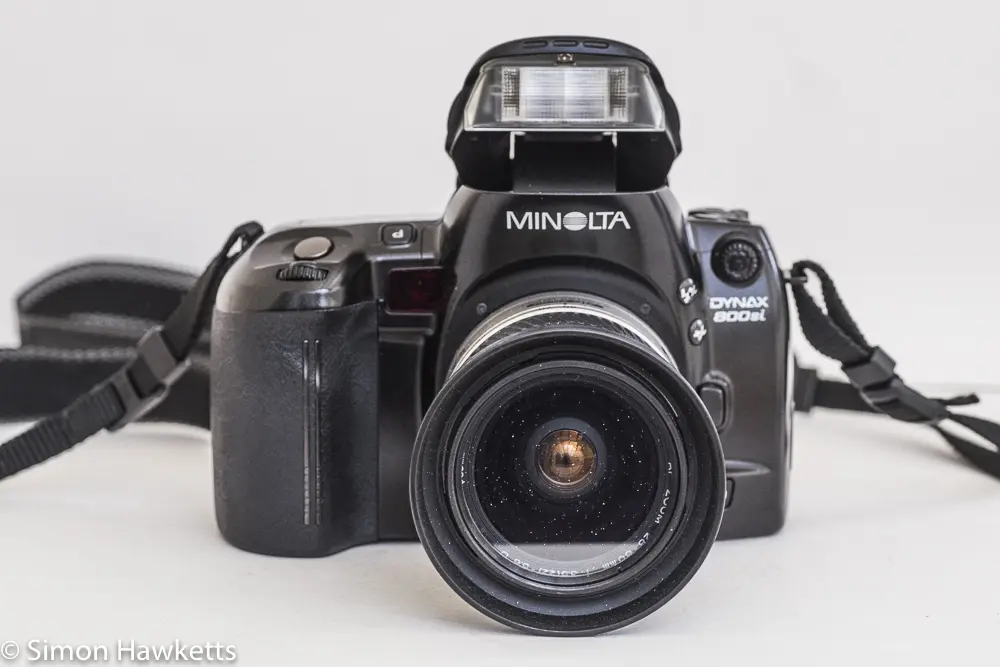 Minolta Dynax 800si autofocus 35mm camera - front view with flash raised