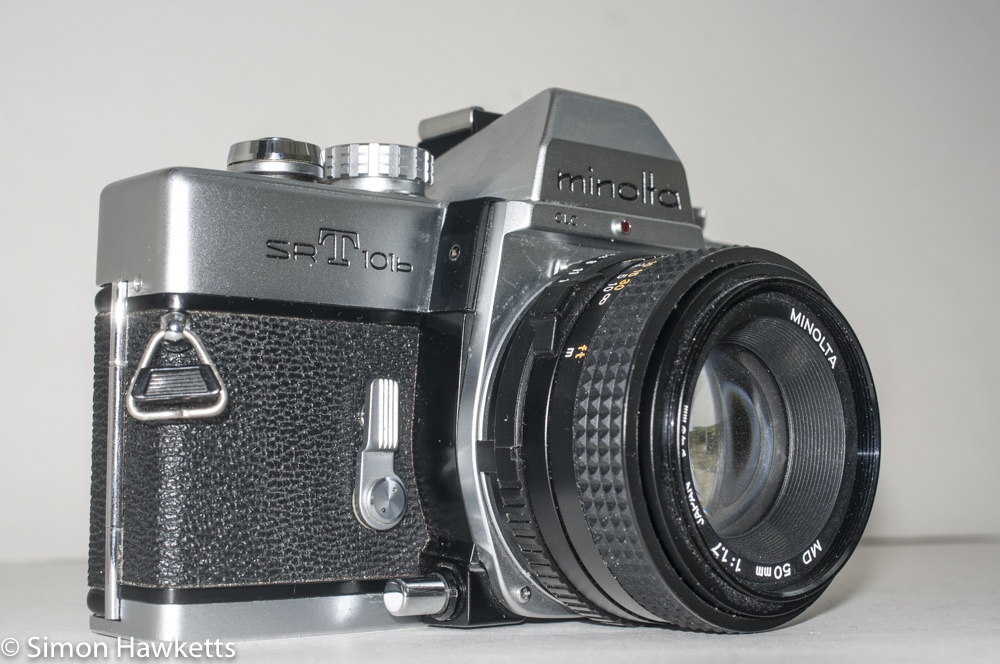 Minolta SRT101b 35mm slr camera - side view with 50mm f/1.7 lens