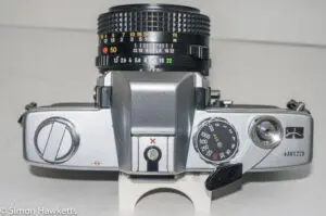 Minolta SRT101b 35mm slr camera - top cover showing control layout
